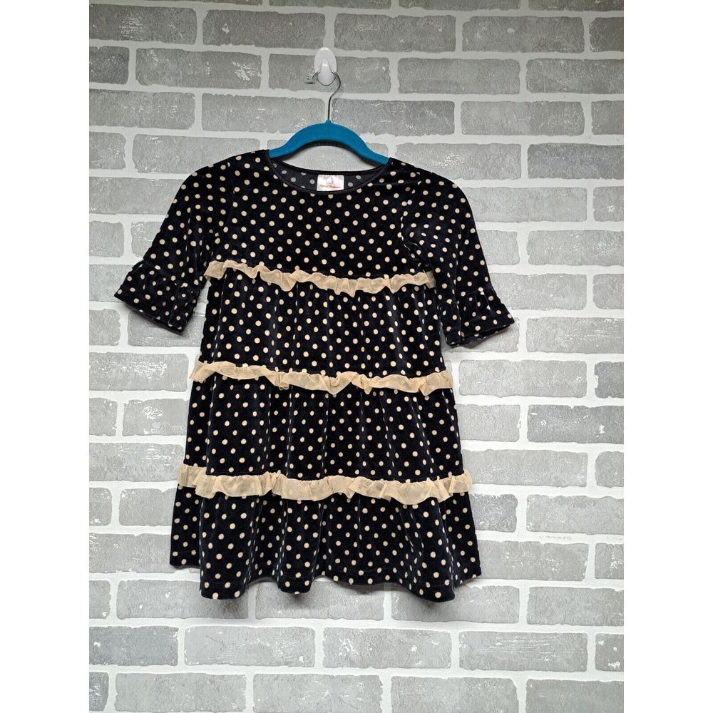Hanna Andersson Girls Polka‎ Dots Velvet Ruffle Midi Line-A Dress Size 110